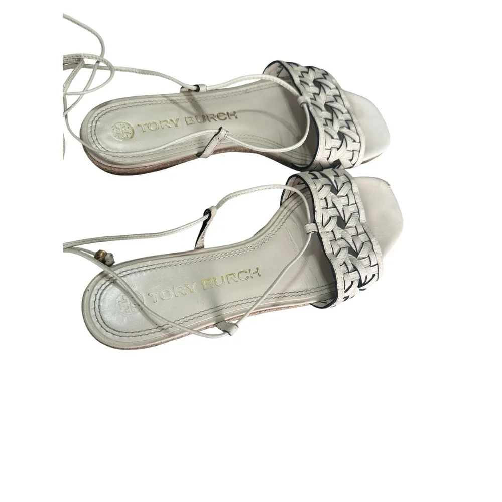 Tory Burch Cream Leather Woven Lace Up Gladiator Sandals Espadrille Trim Flat